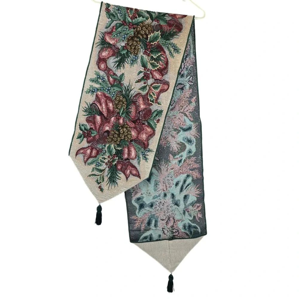 Christmas Woven Tapestry Table Runner Poinsettia Pinecone Tassel Green Red 70in
